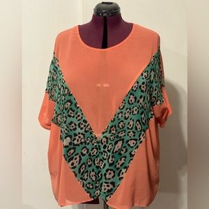 Sheer Dolman Sleeve Coral and Mint Leopard Top